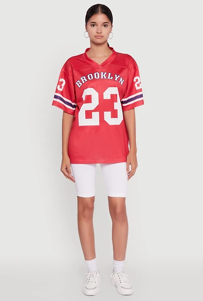 Womens Brooklyn 23 Graphic Football Jersey, Red, Size M
