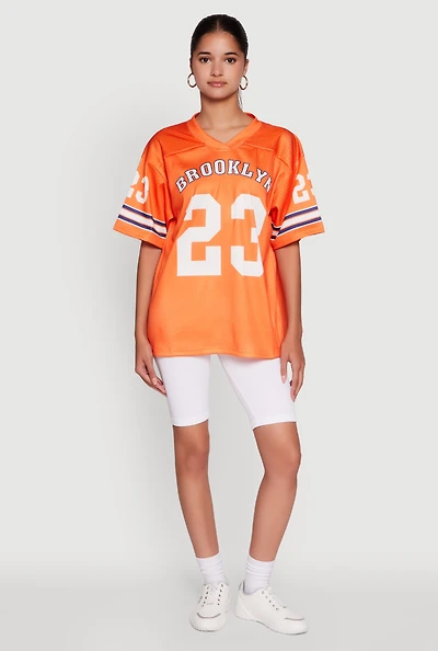 Womens Brooklyn 23 Graphic Football Jersey, Orange, Size L