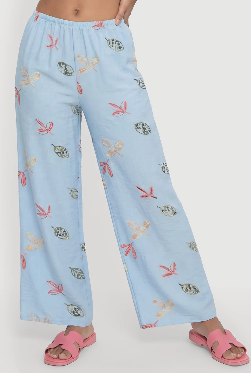 Leaf Patterned Wide Leg Pants