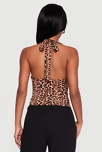 Metallic Detail Leopard Print Cowl Neck Halter Top