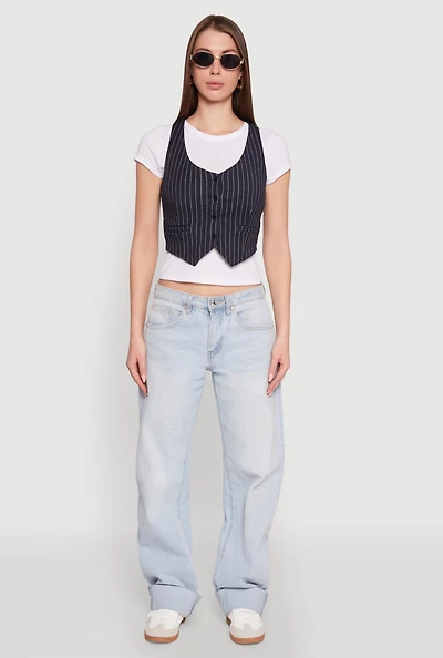 Womens Crew Neck Tee with Stylish Pinstripe Vest, Multi, Size M