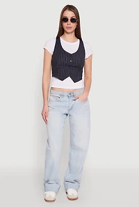 Womens Crew Neck Tee with Stylish Pinstripe Vest, Multi, Size M