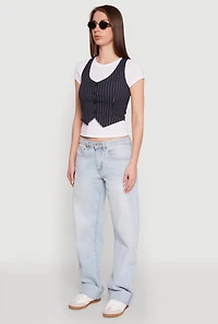 Womens Crew Neck Tee with Stylish Pinstripe Vest, Multi, Size M