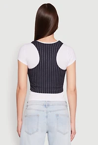 Womens Crew Neck Tee with Stylish Pinstripe Vest, Multi, Size M