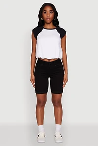 Womens Madden Girl Raglan Sleeve Bubble Hem Crop Top, Multi, Size XL