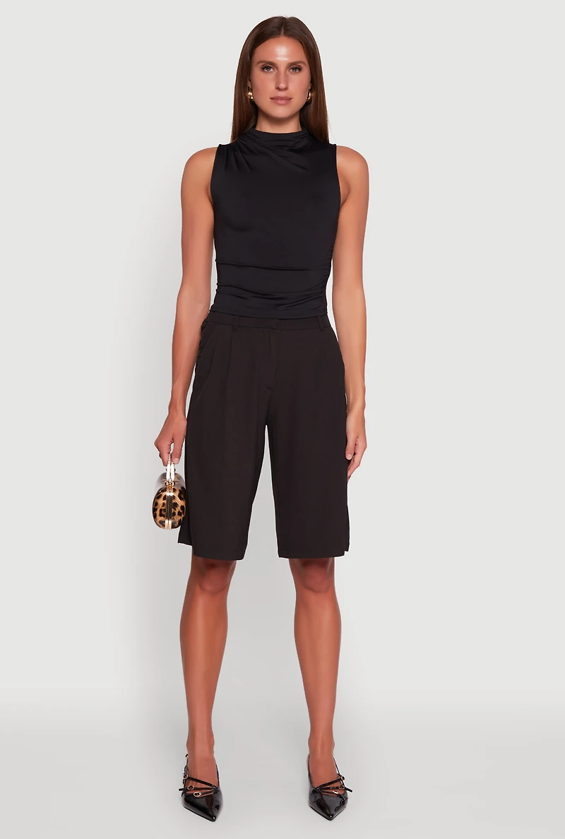 Womens Madden Girl Sleeveless Classic Fit Solid Funnel Neck Top, Black, Size L