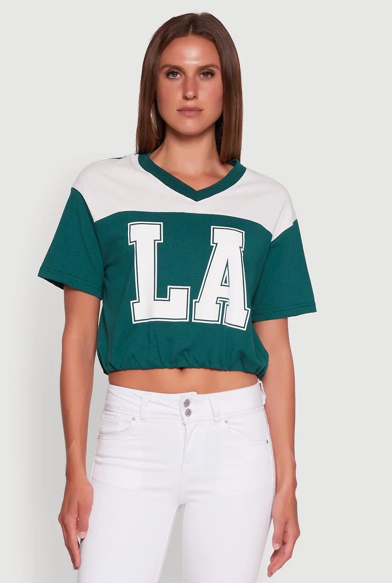 Madden Girl Color Block Cropped V-Neck Graphic Tee