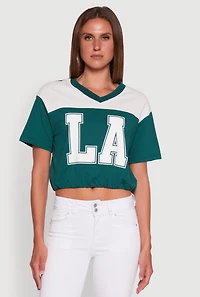 Madden Girl Color Block Cropped V-Neck Graphic Tee