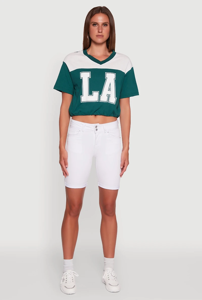 Madden Girl Color Block Cropped V-Neck Graphic Tee