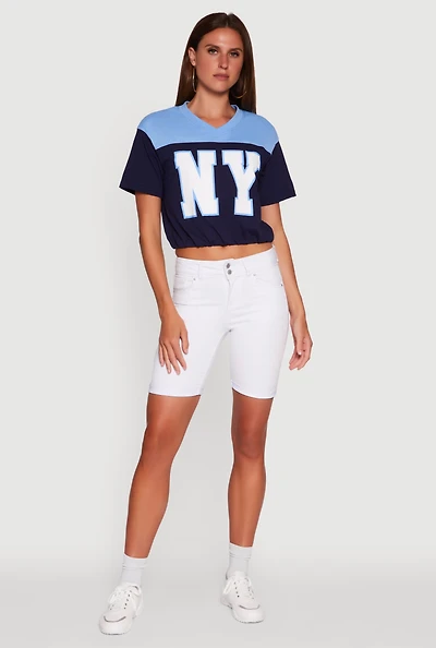 Womens Madden Girl Color Block Cropped V-Neck Graphic Tee, Multi,