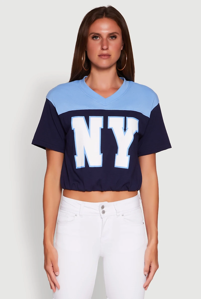 Womens Madden Girl Color Block Cropped V-Neck Graphic Tee,
