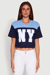 Womens Madden Girl Color Block Cropped V-Neck Graphic Tee,