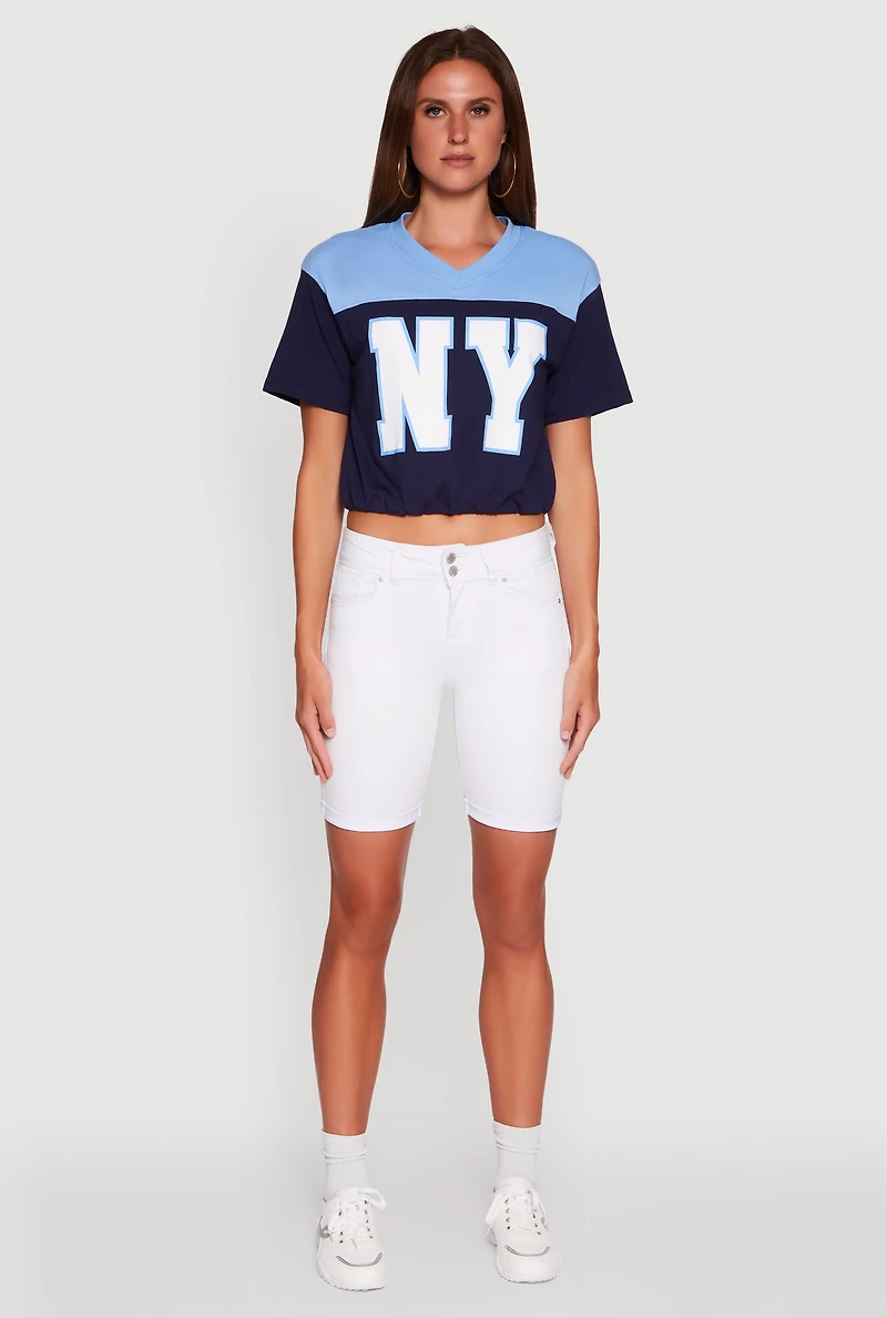 Womens Madden Girl Color Block Cropped V-Neck Graphic Tee,