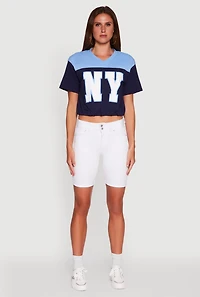 Womens Madden Girl Color Block Cropped V-Neck Graphic Tee,