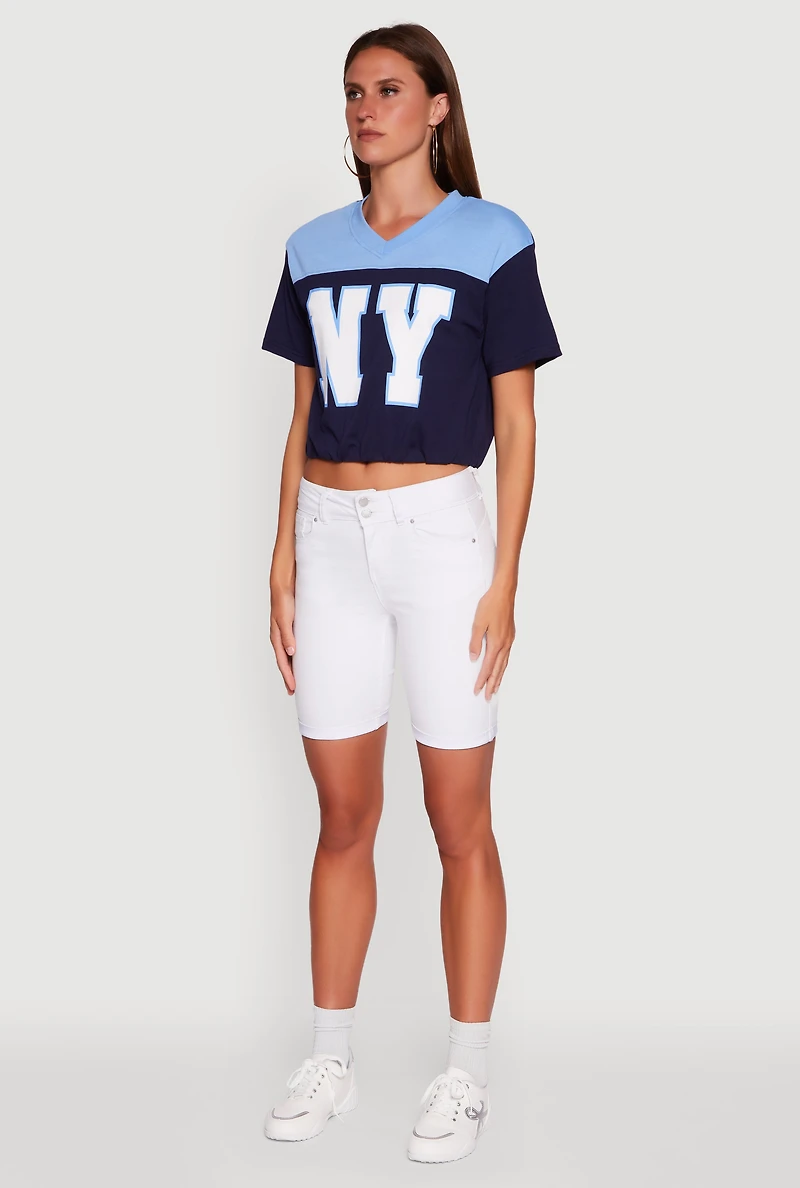 Womens Madden Girl Color Block Cropped V-Neck Graphic Tee,