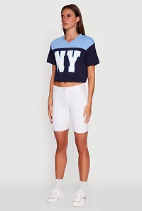 Womens Madden Girl Color Block Cropped V-Neck Graphic Tee,