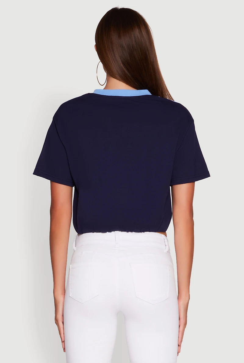 Womens Madden Girl Color Block Cropped V-Neck Graphic Tee,