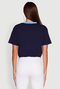 Womens Madden Girl Color Block Cropped V-Neck Graphic Tee,