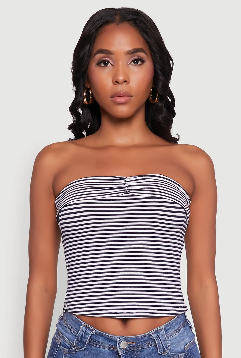 Womens Madden Girl Striped Fold Over Cropped Tube Top, Blue, Size XL