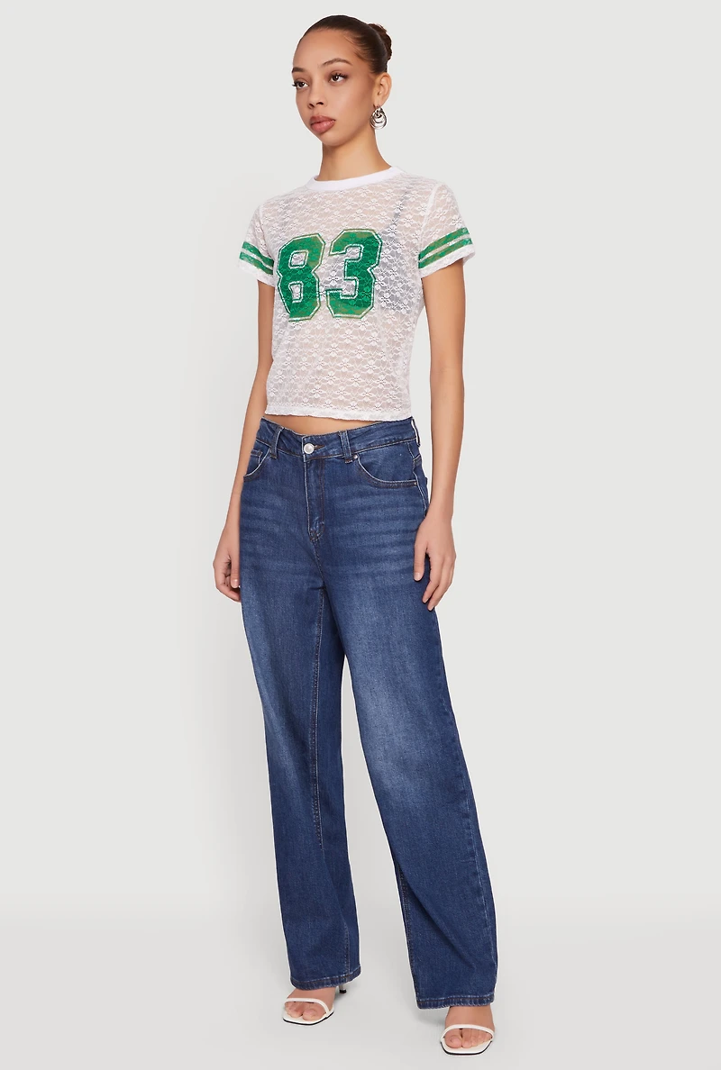 Varsity Stripe Graphic Print Lace Top