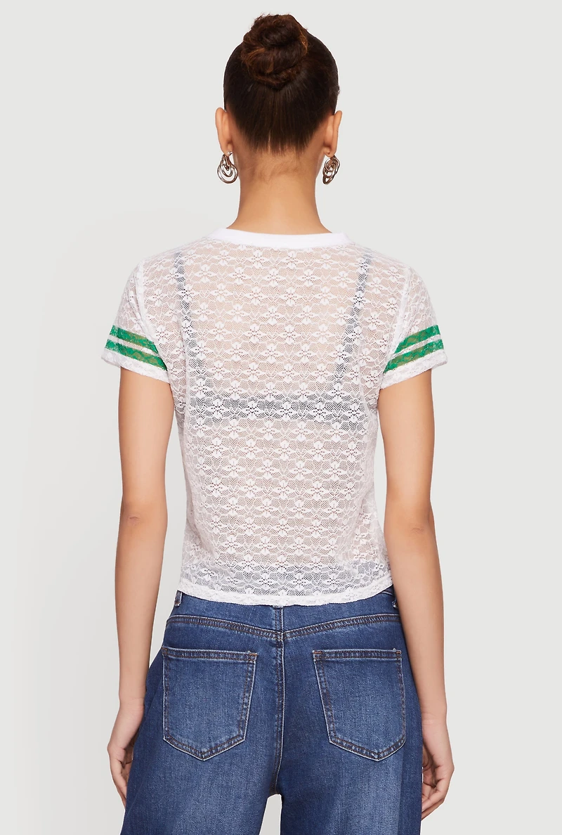 Varsity Stripe Graphic Print Lace Top