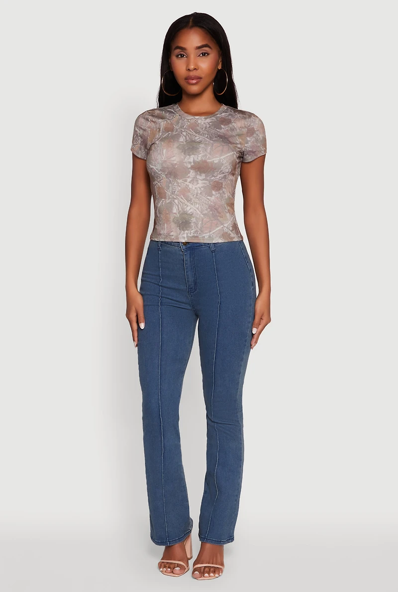 Womens Leaf Print Crew Neck T-Shirt, Brown, Size L