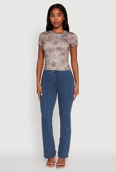 Womens Leaf Print Crew Neck T-Shirt, Brown, Size L