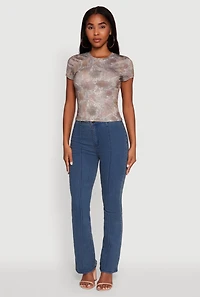 Womens Leaf Print Crew Neck T-Shirt, Brown, Size L