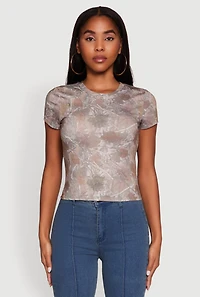 Womens Leaf Print Crew Neck T-Shirt, Brown, Size L