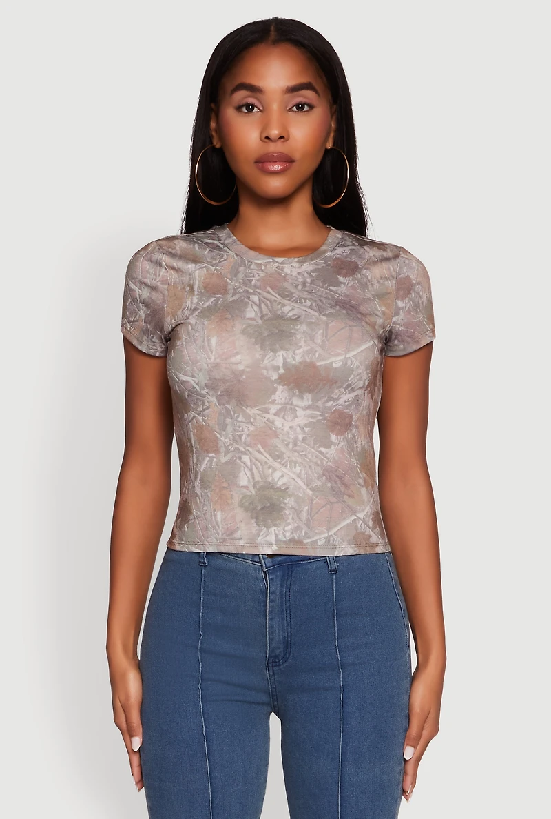 Womens Leaf Print Crew Neck T-Shirt, Multi,