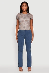Womens Leaf Print Crew Neck T-Shirt, Brown, Size L