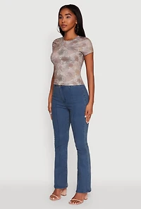 Womens Leaf Print Crew Neck T-Shirt, Brown, Size L