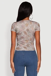 Womens Leaf Print Crew Neck T-Shirt, Brown, Size L