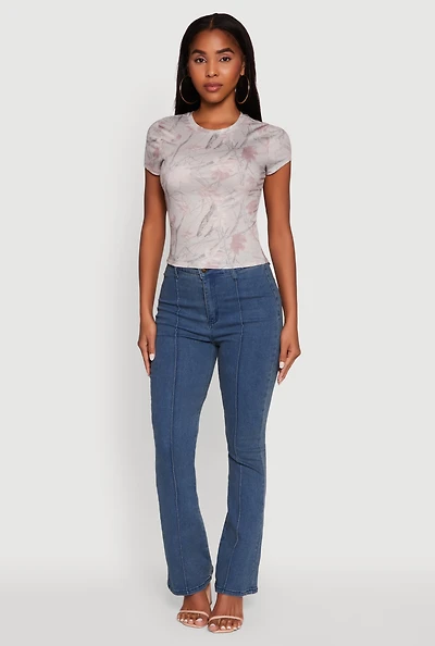Womens Leaf Print Crew Neck T-Shirt,
