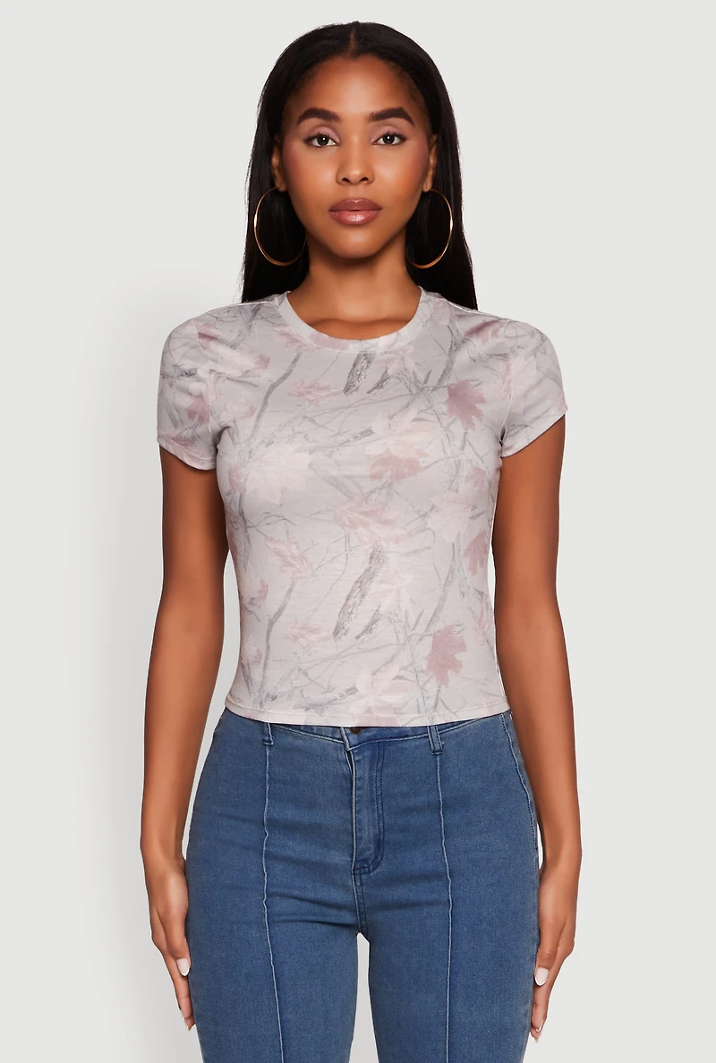 Womens Leaf Print Crew Neck T-Shirt,
