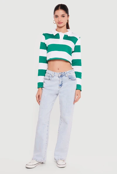 Almost Famous Striped Long Sleeve Cropped Polo Top