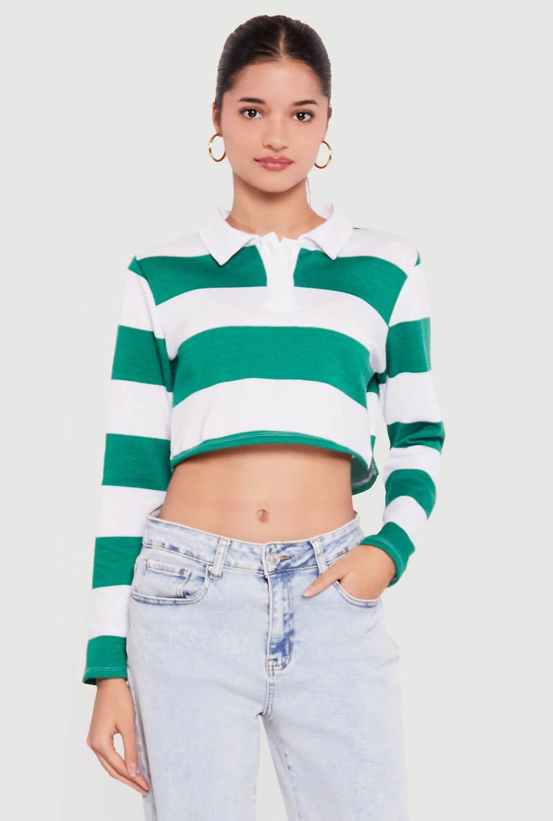 Almost Famous Striped Long Sleeve Cropped Polo Top