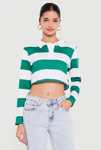 Almost Famous Striped Long Sleeve Cropped Polo Top