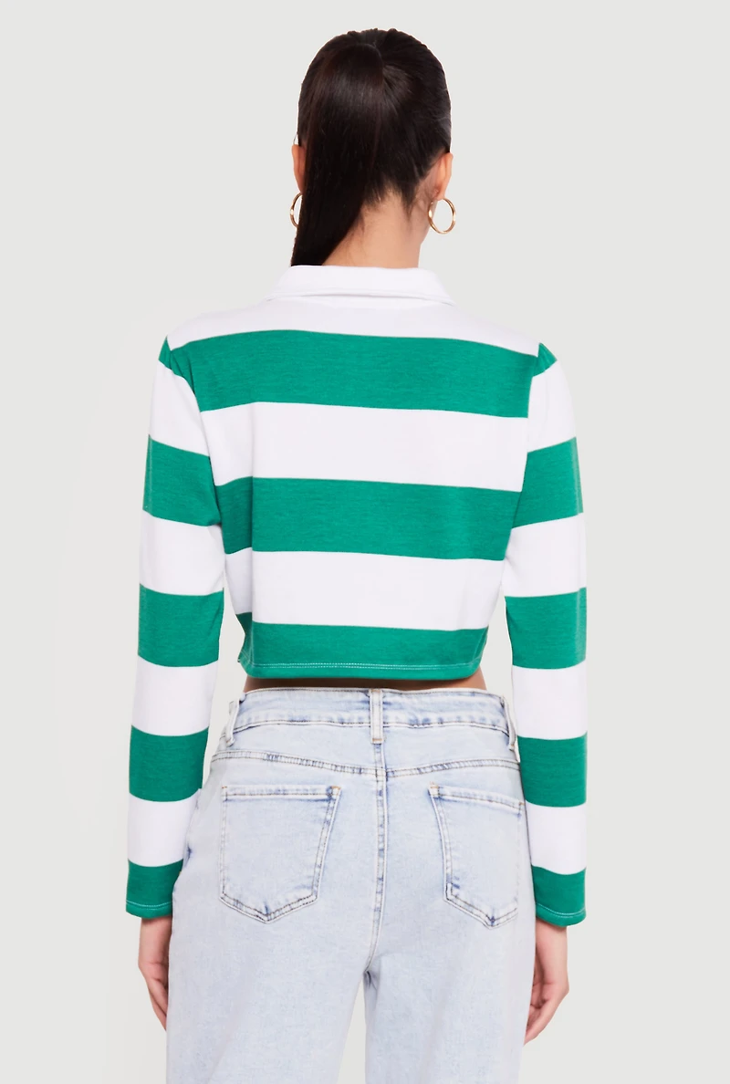 Almost Famous Striped Long Sleeve Cropped Polo Top