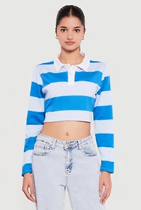 Almost Famous Striped Long Sleeve Cropped Polo Top