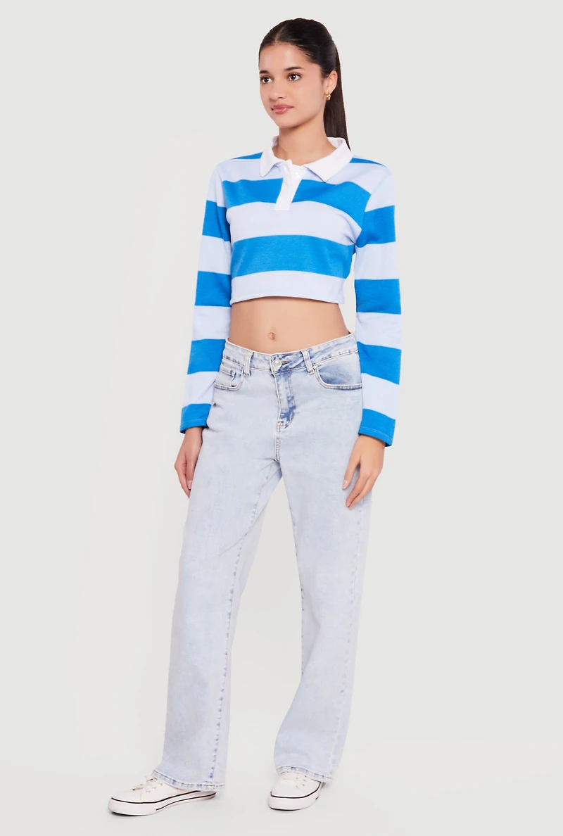 Almost Famous Striped Long Sleeve Cropped Polo Top
