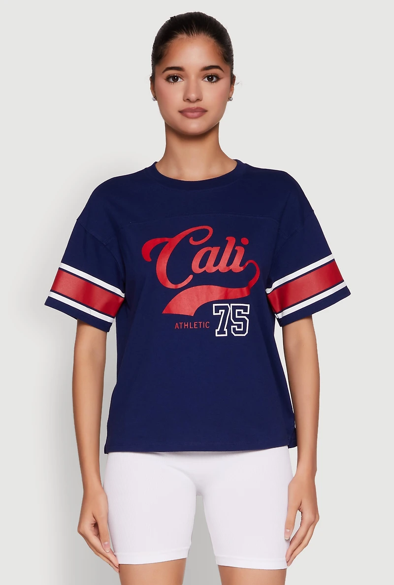 Womens Almost Famous Graphic Varsity T Shirt, Blue, Size XL