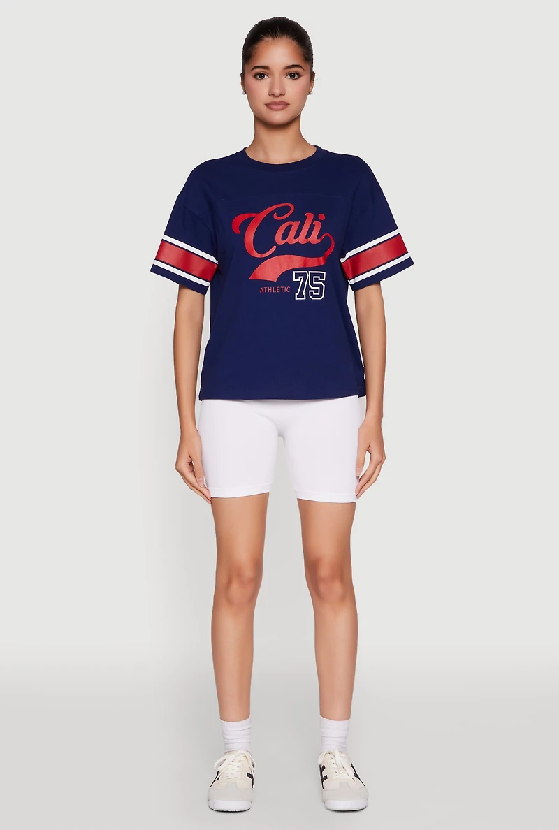 Womens Almost Famous Graphic Varsity T Shirt, Blue, Size XL