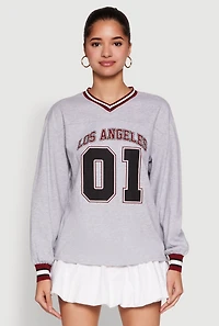 Womens Almost Famous Varsity Graphic Long Sleeve Top, Grey, Size XL