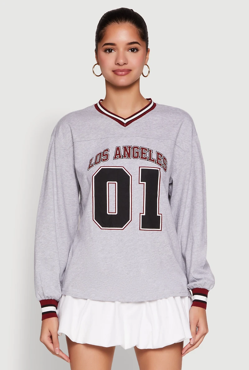 Womens Almost Famous Varsity Graphic Long Sleeve Top, Grey, Size S