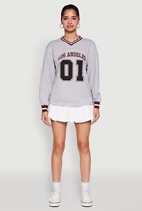 Womens Almost Famous Varsity Graphic Long Sleeve Top, Grey, Size S