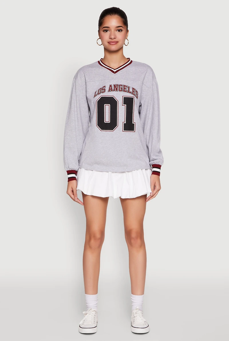 Womens Almost Famous Varsity Graphic Long Sleeve Top, Grey, Size L