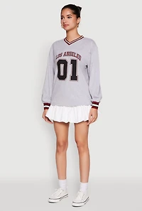 Womens Almost Famous Varsity Graphic Long Sleeve Top, Grey, Size XL