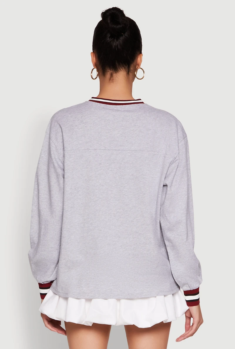 Womens Almost Famous Varsity Graphic Long Sleeve Top, Grey, Size S