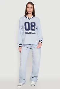 Womens Almost Famous Varsity Graphic Long Sleeve Top, Blue, Size S